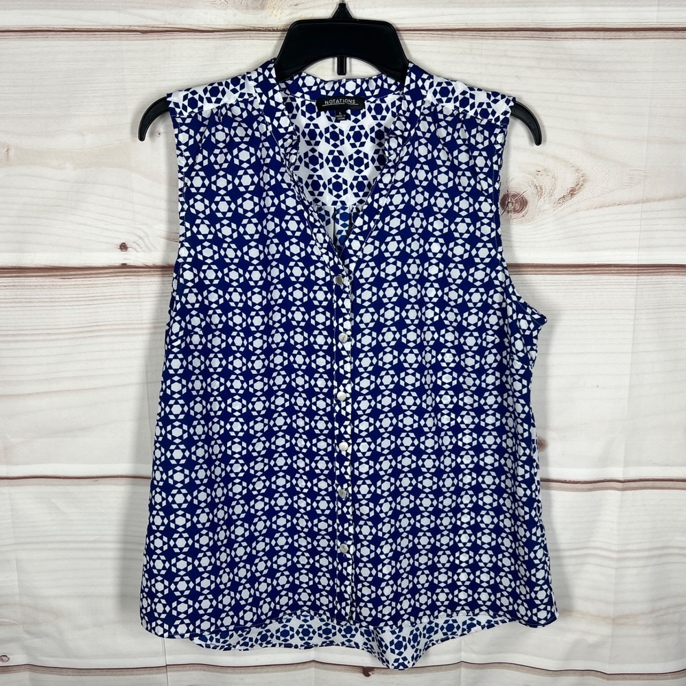 Notations Top Womens Large Blue Geometric Blouse Sleeveless V-Neck‎ Button Up